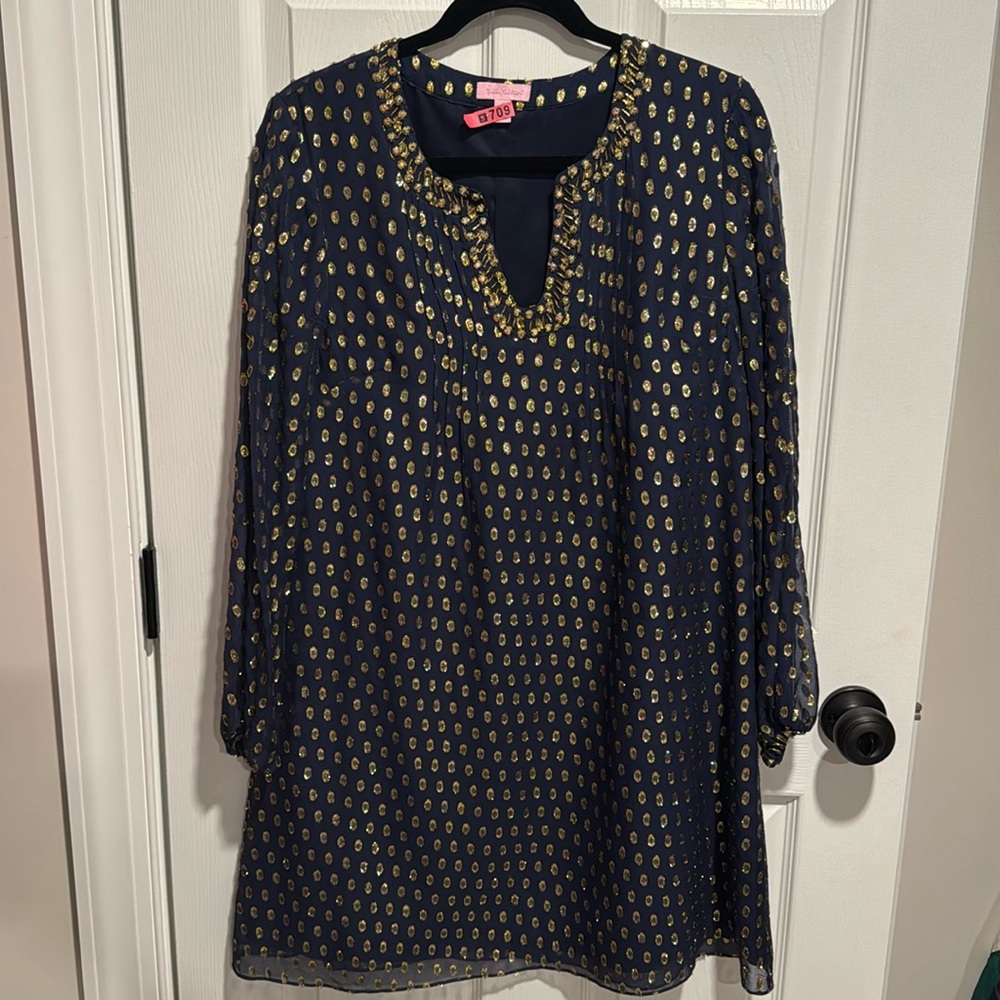 Navy Lilly Pulitzer Flowy Dress with Gold Detail